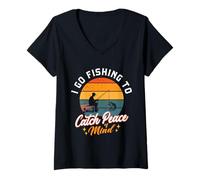 Femme Pêche pour Attraper la tranquillité d'esprit, Design rétro Coucher de Soleil T-Shirt avec Col en V