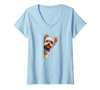 Femme Peek-a-Yorkshire Terrier, chiot mignon qui regarde autour du coin T-Shirt avec Col en V
