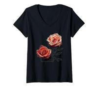 Femme Peinture à l'aquarelle vintage de fleurs de roses T-Shirt avec Col en V