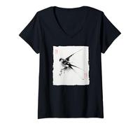 Femme Peinture à l'encre Japonaise Sumi-e Hirondelle Vintage Art T-Shirt avec Col en V