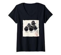 Femme Peinture à l'encre Japonaise Sumi-e Motif Oiseaux T-Shirt avec Col en V