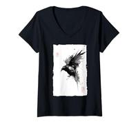 Femme Peinture à l'encre Sumie Japonaise Vintage Gothique Corbeau Corbeau T-Shirt avec Col en V