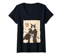 Femme Peinture à l'encre Vintage de Chat samouraï Japonais Sumi-e T-Shirt avec Col en V