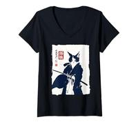 Femme Peinture à l'encre Vintage de Chat samouraï Japonais Sumi-e T-Shirt avec Col en V