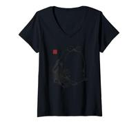 Femme Peinture à l'encre Vintage de la Grenouille Japonaise Sumi-e Zen T-Shirt avec Col en V