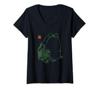 Femme Peinture à l'encre Vintage de la Grenouille Japonaise Sumi-e Zen T-Shirt avec Col en V