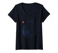 Femme Peinture à l'encre Vintage de la Grenouille Japonaise Sumi-e Zen T-Shirt avec Col en V