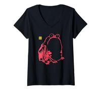 Femme Peinture à l'encre Vintage de la Grenouille Japonaise Sumi-e Zen T-Shirt avec Col en V