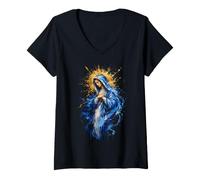 Femme Peinture Abstraite Vierge Marie Bleu Art dévotionnel catholique T-Shirt avec Col en V
