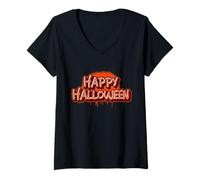 Femme Peinture aérosol rétro Happy Halloween Graffiti Écriture Cadeau T-Shirt avec Col en V