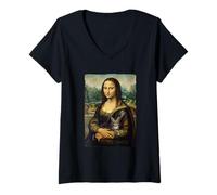 Femme Peinture d'art de Portrait de Chat Gris de Mona Lisa T-Shirt avec Col en V