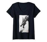 Femme Peinture Japonaise Dragon à l'encre lavée, Sumi-e Brush Art T-Shirt avec Col en V
