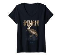 Femme Pélican Vintage Marron pour Observer la Nature T-Shirt avec Col en V