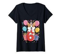 Femme Pembroke 6ème anniversaire garçon fille 6 ans sixième six Corgi T-Shirt avec Col en V
