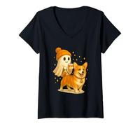 Femme Pembroke Welsh Corgi Halloween Ghost Walking Dog T-Shirt avec Col en V