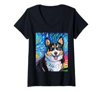 Femme Pembroke Welsh Corgi Portrait de Chien Nuit étoilée T-Shirt avec Col en V