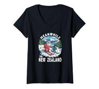 Femme Pendant ce Temps en Nouvelle-Zélande Kiwi Sheep Ski Souvenir d'hiver T-Shirt avec Col en V
