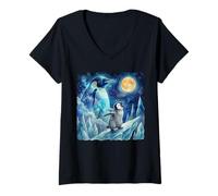 Femme Penguin Howling at The Moon Arctic Night Sky Animal Art T-Shirt avec Col en V