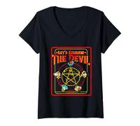 Femme Pentagram Let's Summon The Devil, Humour Noir satanique rétro T-Shirt avec Col en V