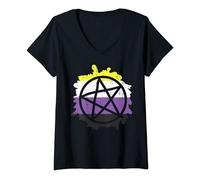 Femme Pentagram Satanic Goth LGBTQ Non-Binary Flag Genderqueer T-Shirt avec Col en V