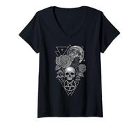 Femme Pentagramme Corbeau Rose Lune Occultisme T-Shirt avec Col en V