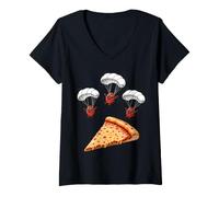Femme Pepperoni Dive Jumping Parachute sur Pizza au Fromage T-Shirt avec Col en V