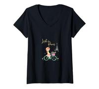 Femme Perdu à Paris Mignon Paris Vélo Fille Tour Eiffel Romantique T-Shirt avec Col en V