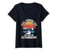 Femme Père de la Course sur Sentier, poussière, Sueur et détermination T-Shirt avec Col en V