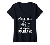 Femme Père et Fille Une Équipe pour la Vie Relation Message Fort T-Shirt avec Col en V
