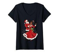 Femme Père Noël Afro-américain Dansant avec Mme Claus pour Noël T-Shirt avec Col en V