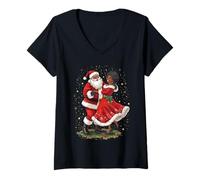Femme Père Noël Afro-américain Dansant avec Mme Claus pour Noël T-Shirt avec Col en V