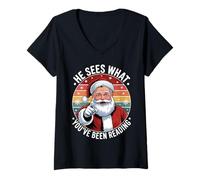Femme Père Noël Amusant avec Inscription « He Sees What You 've Been Reading » rétro T-Shirt avec Col en V