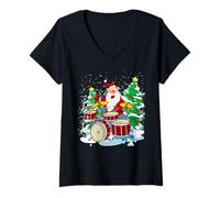 Femme Père Noël Amusant Jouant de la Batterie Crazy Drummer Christmas T-Shirt avec Col en V