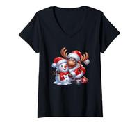 Femme Père Noël, Bonhomme de Neige, élan et Esprit de Noël T-Shirt avec Col en V