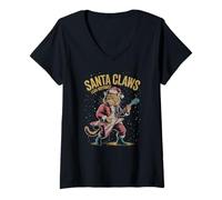 Femme Père Noël Claws Lead Guitarist Cat Christmas Rock T-Shirt avec Col en V