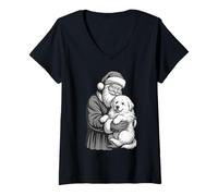 Femme Père Noël des Pyrénées pour Les Amoureux des Chiens T-Shirt avec Col en V