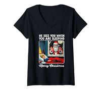 Femme Père Noël Effrayant « He Sees You When You are Sleeping Christmas » T-Shirt avec Col en V