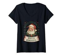 Femme Père Noël Hiver Pays des Merveilles 2026 Vacances rétro Noël T-Shirt avec Col en V