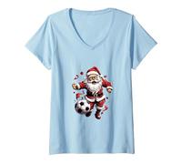Femme Père Noël Jouant au Football Noël T-Shirt avec Col en V, Bleu Céleste, S