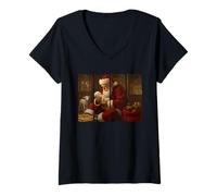 Femme Père Noël priant sur bébé Jésus Populaire Coup de Pinceau Noël T-Shirt avec Col en V