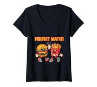 Femme Perfect Match Burger Fries Cute Cartoon T-Shirt avec Col en V