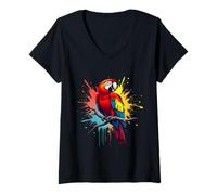 Femme Perroquet coloré Amoureux des oiseaux Tropical Scarlet Ara Splash Art T-Shirt avec Col en V