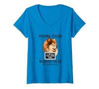 Femme Personal Stalker Chien Finnois de Laponie I Will Follow You T-Shirt avec Col en V, Saphir, XL
