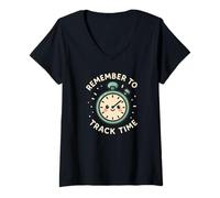 Femme Personnage Amusant avec Horloge « Remember to Track Time » T-Shirt avec Col en V