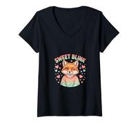 Femme Personnage Animal Mignon Renard Amour Dessin animé T-Shirt avec Col en V