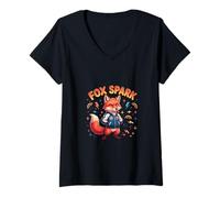 Femme Personnage d'animal de Dessin animé Cool Fox Energy T-Shirt avec Col en V