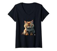Femme Petit chat mignon et méchant - Oeil maléfique - Animal drôle T-Shirt avec Col en V