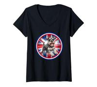 Femme Petit Chien Schnauzer Mignon et drôle - Drapeau du Royaume-Uni T-Shirt avec Col en V