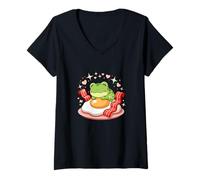 Femme Petit Dejeuner Kawaii Grenouille sur Oeuf Bacon Coeur T-Shirt avec Col en V