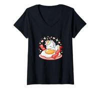Femme Petit Dejeuner Licorne Kawaii Oeuf Bacon Coeur T-Shirt avec Col en V